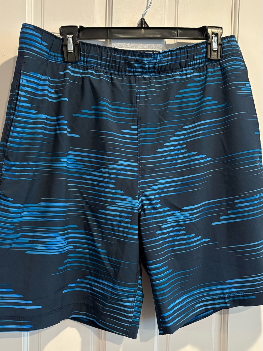 Speedo Men's Navy Swim Trunks with Electric Blue Stripe Pattern